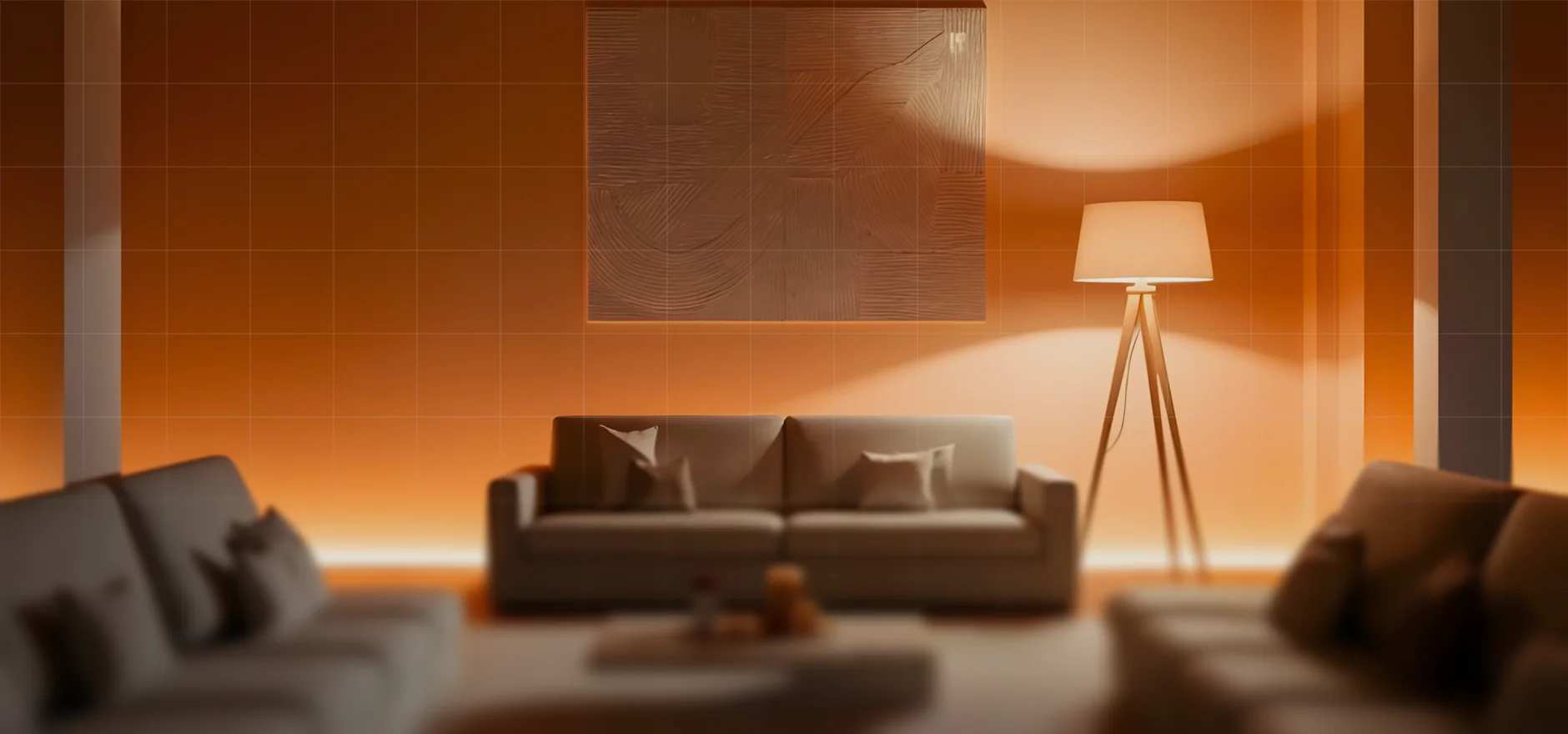 Cozy living room with beige sofas, soft cushions, warm orange wall, modern floor lamp, and abstract wall art.