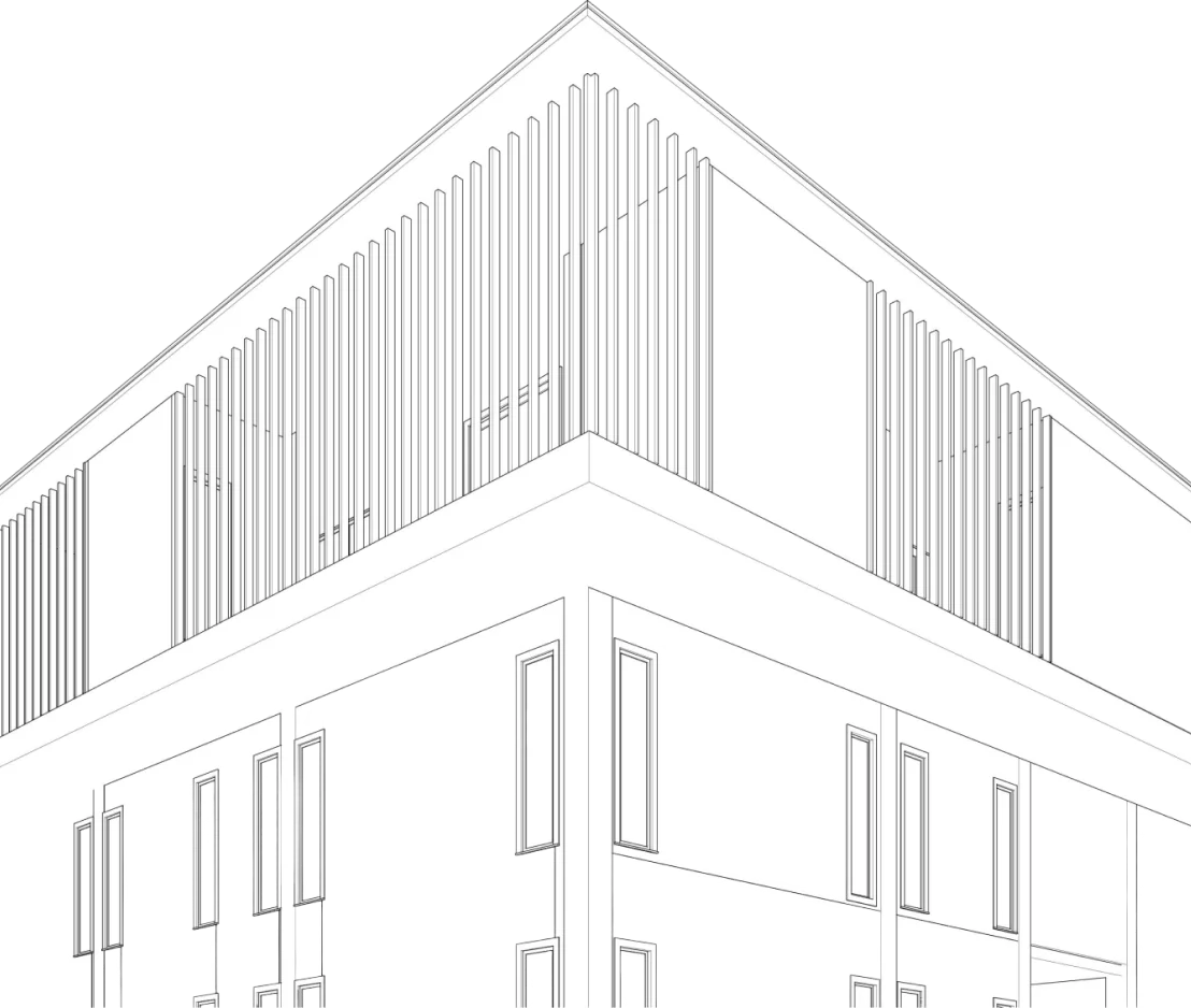 Line drawing of a modern two-story building corner with vertical slats on the upper floor.