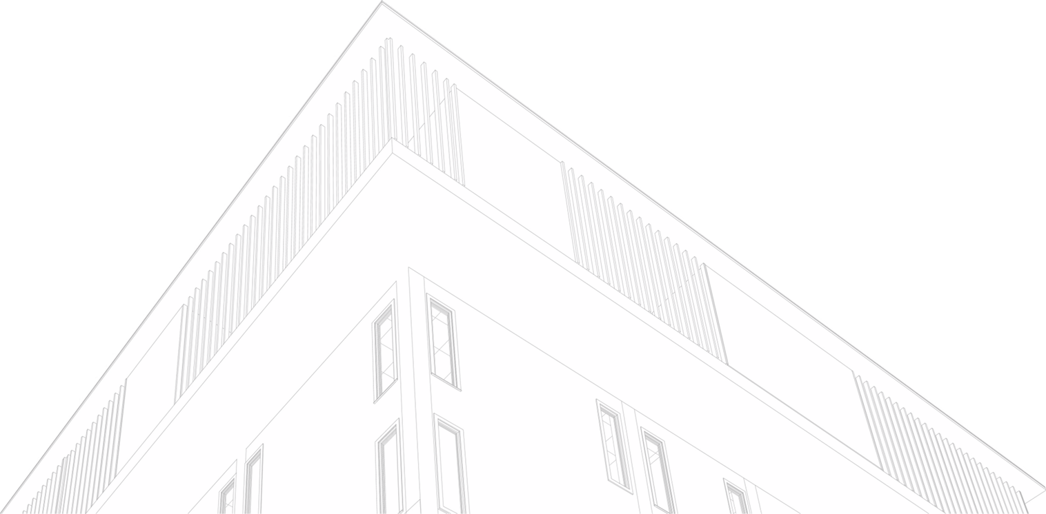 Line drawing of a building corner with vertical slatted panels and multiple windows.