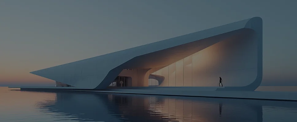 Modern curved building on water at sunset with glowing interior and person walking outside.