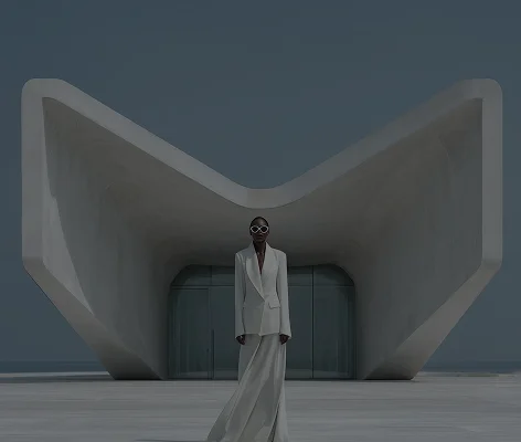 Person in white suit and sunglasses standing in front of modern architectural concrete structure.