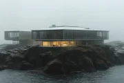 Round modern building with lights on, perched on rocky coast surrounded by foggy water.